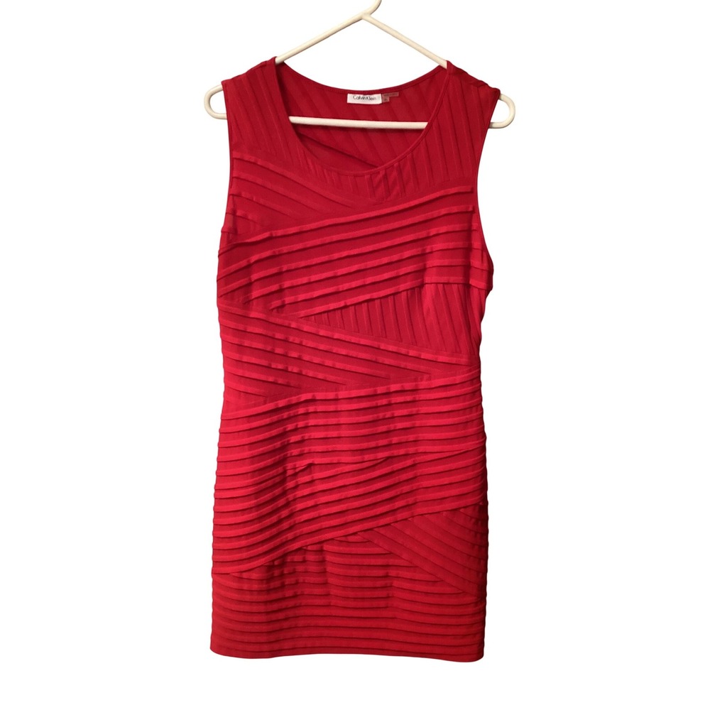 Calvin Klein Womens Red Bandage Tiered Sleeveless Sheath Dress CDUG4810 Size 14